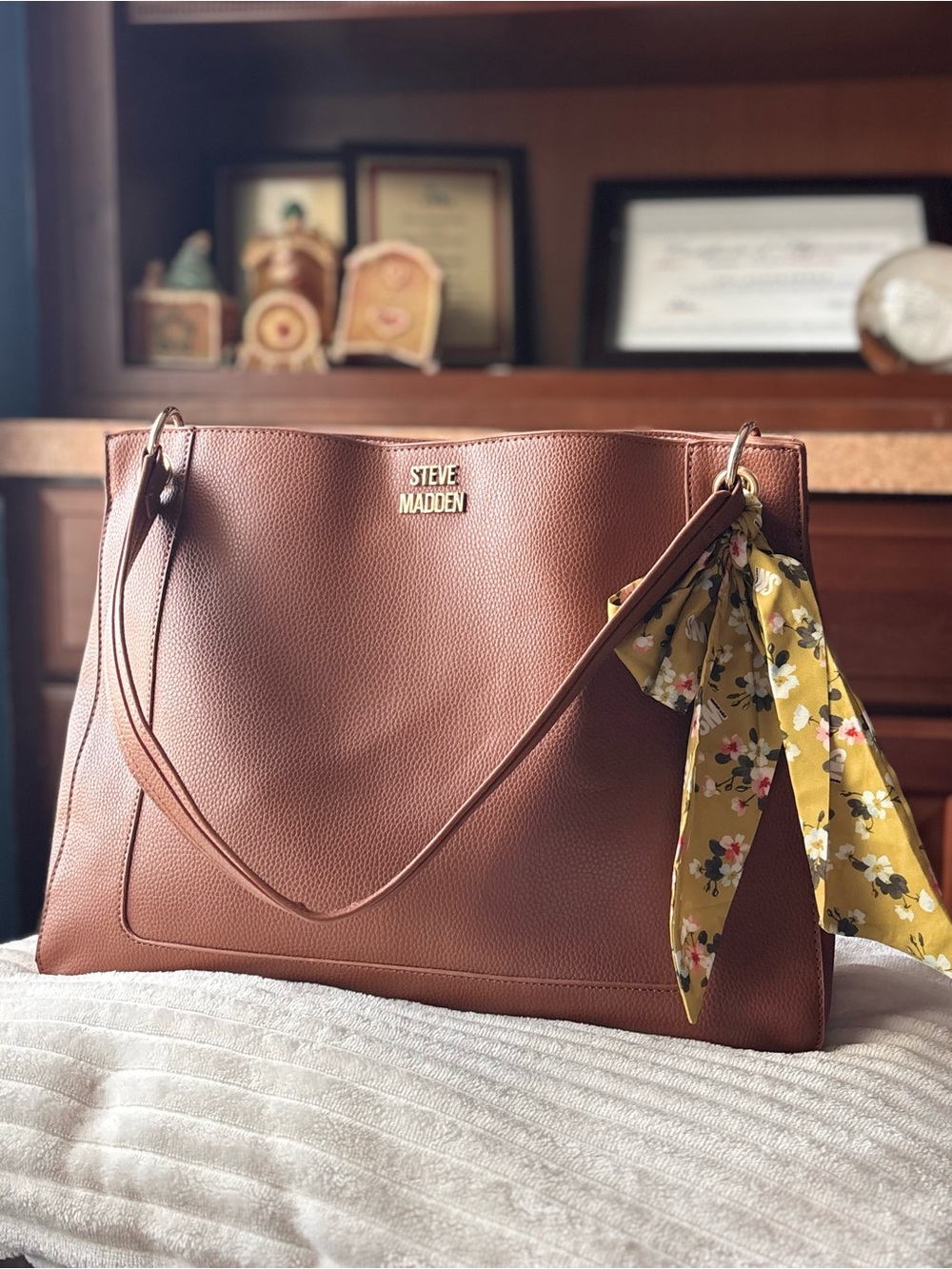 Steve Madden Brown Tote with Yellow Floral Scarf Accent